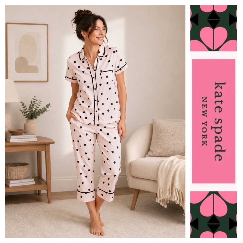 Kate Spade New York Pink Black Polka Dot Satin Short Sleeve Cropped Pajama Set M